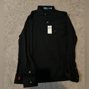 Mens Polo Ralph Lauren Long Sleeve Shirt Black Cotton Mesh Classic Fit Size L